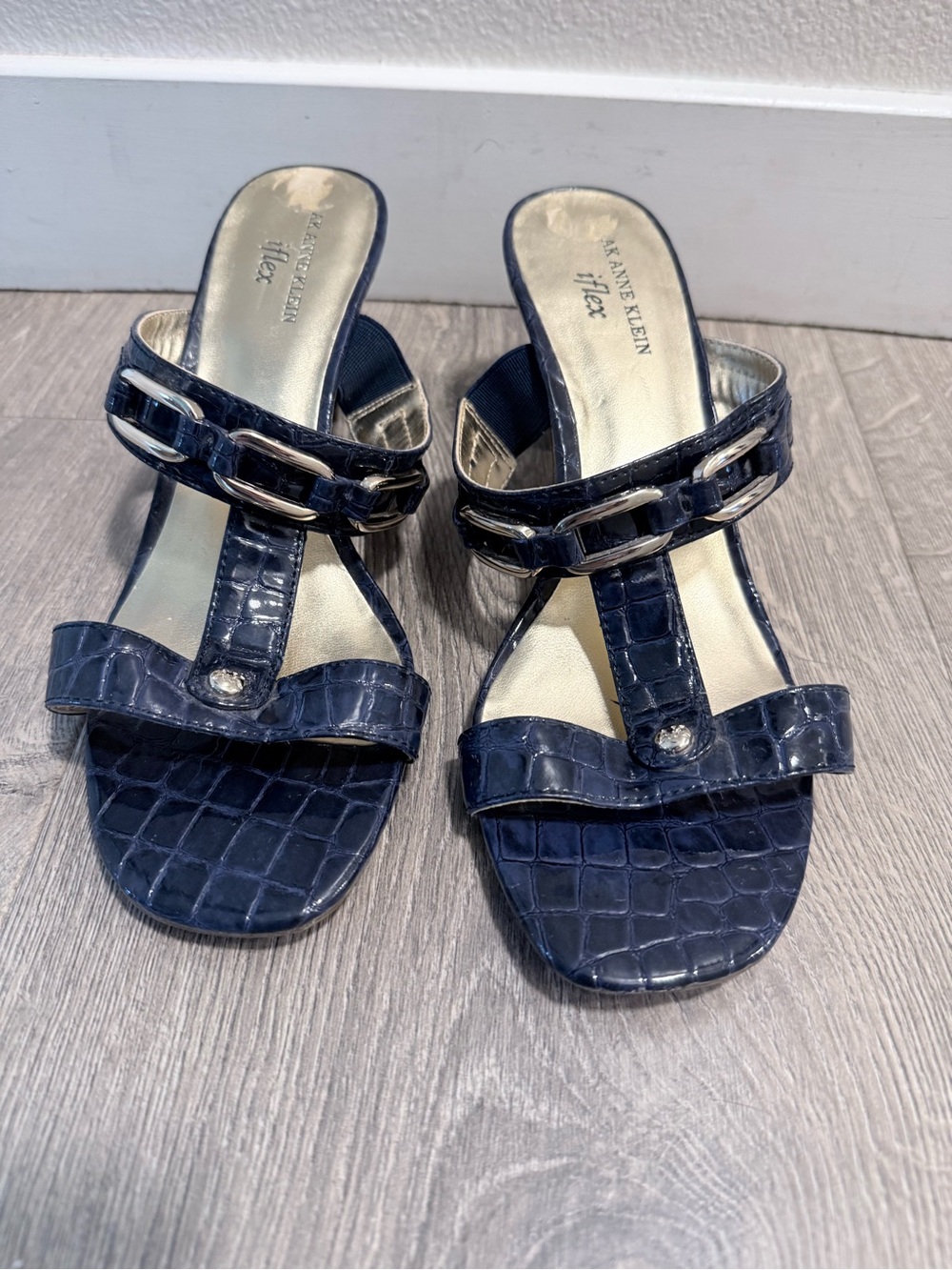 Anne Klein Navy Croc-Embossed Slide Heels with Silver Buckles
